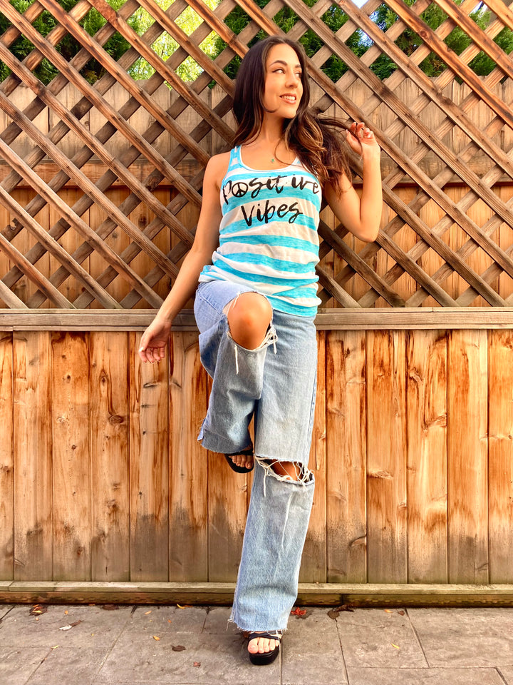 Blue and white striped positive vibes tank