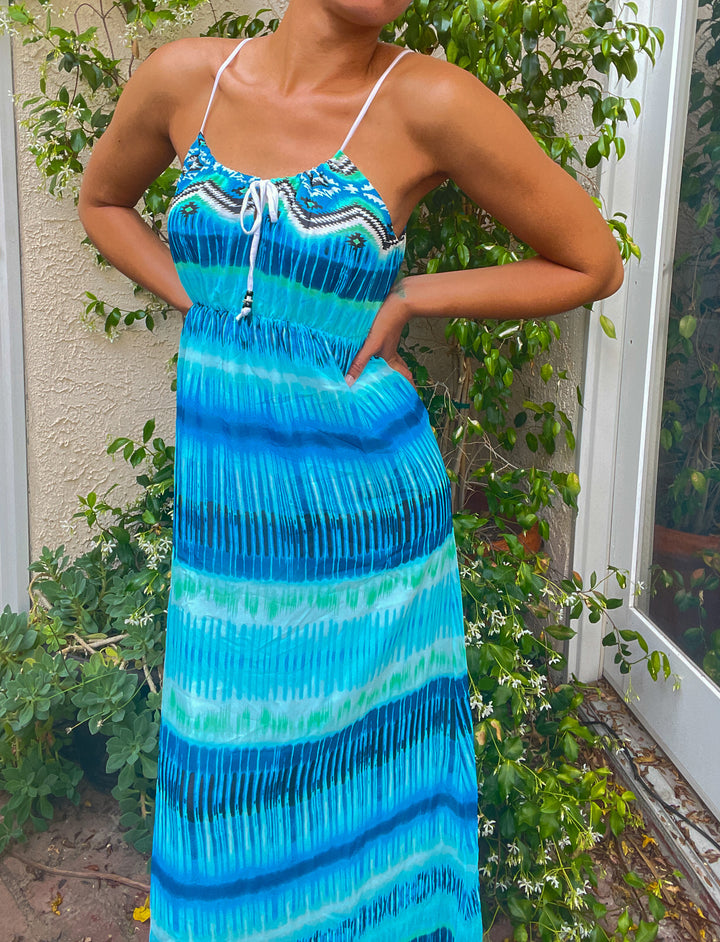 Spaghetti Strap Chiffon Maxi Dress - Blue Tye-Dye printed