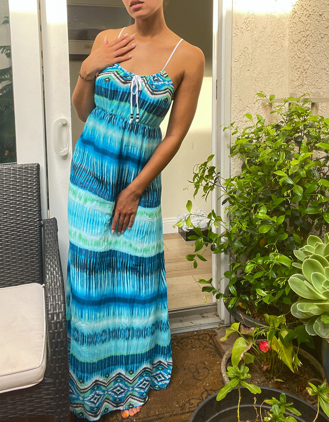 Spaghetti Strap Chiffon Maxi Dress - Blue Tye-Dye printed