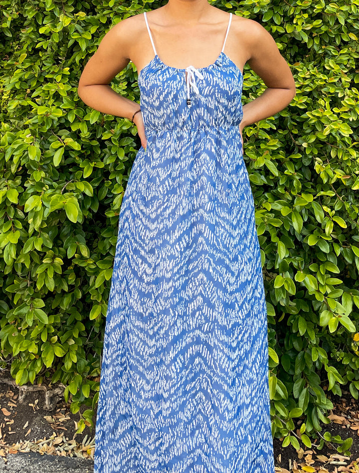 Spaghetti Strap Chiffon Maxi Dress - Blue & white tribal print