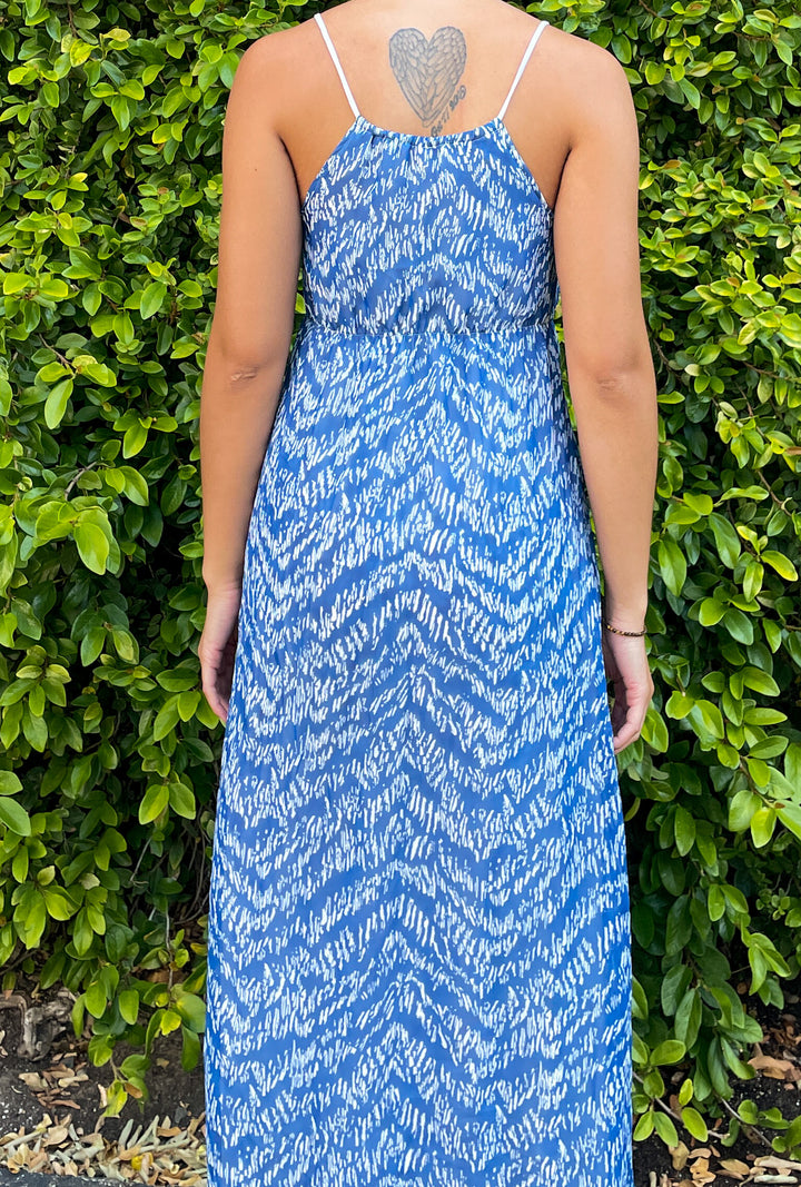 Spaghetti Strap Chiffon Maxi Dress - Blue & white tribal print