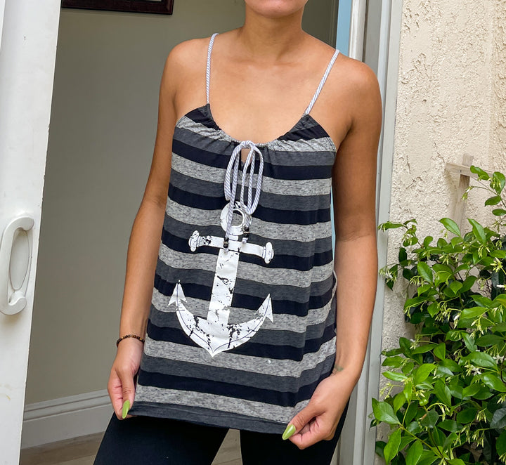 Grey and Black Striped knit Anchor Tank