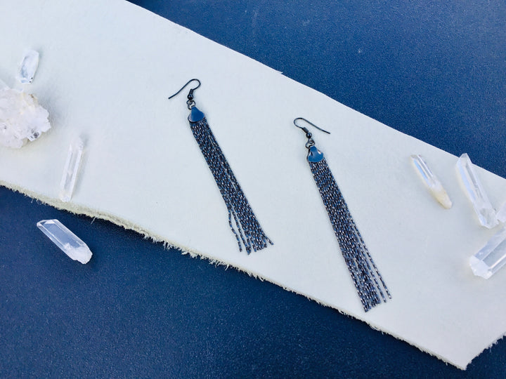 Gunmetal fringe tassel earring