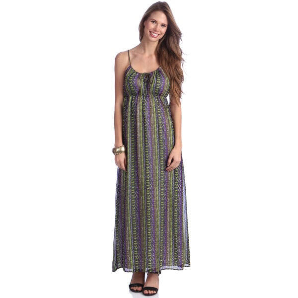 Spaghetti Strap Chiffon Maxi Dress - Purple & Green print pattern